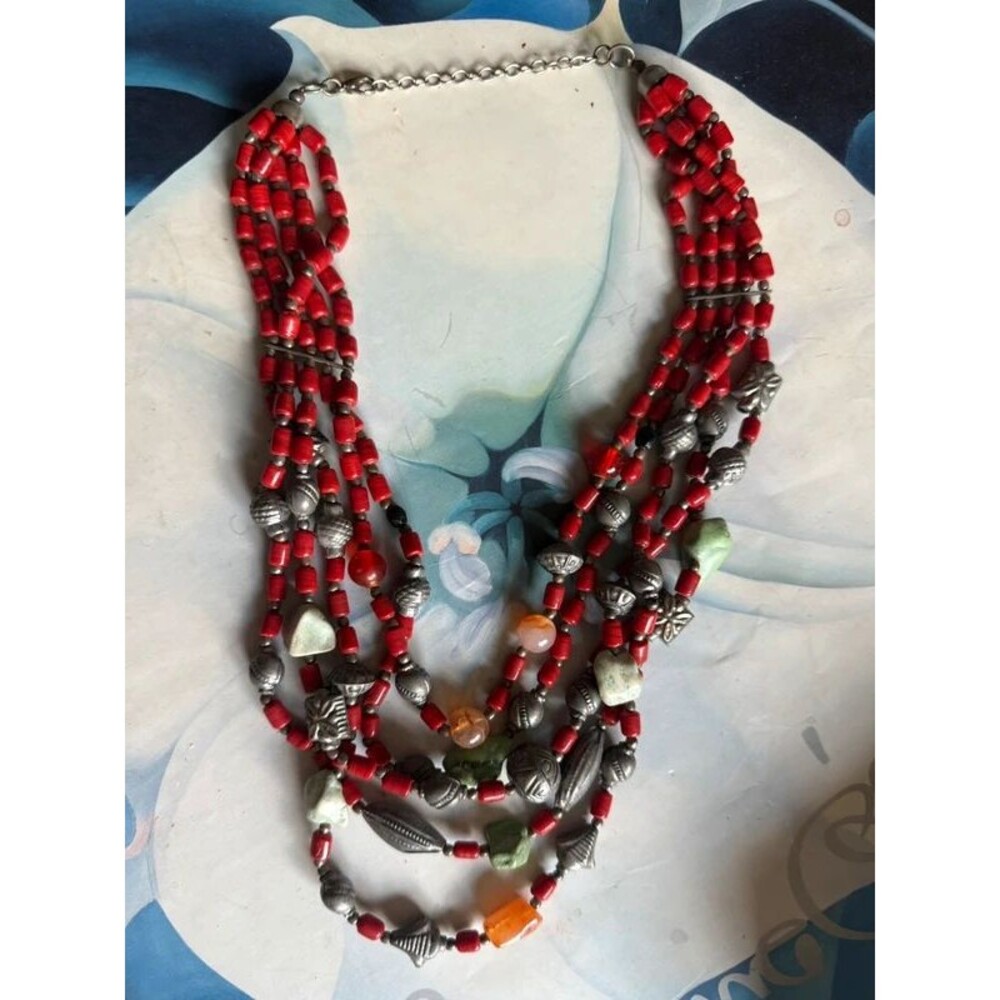 Red & Mixed Stone Statement Necklace